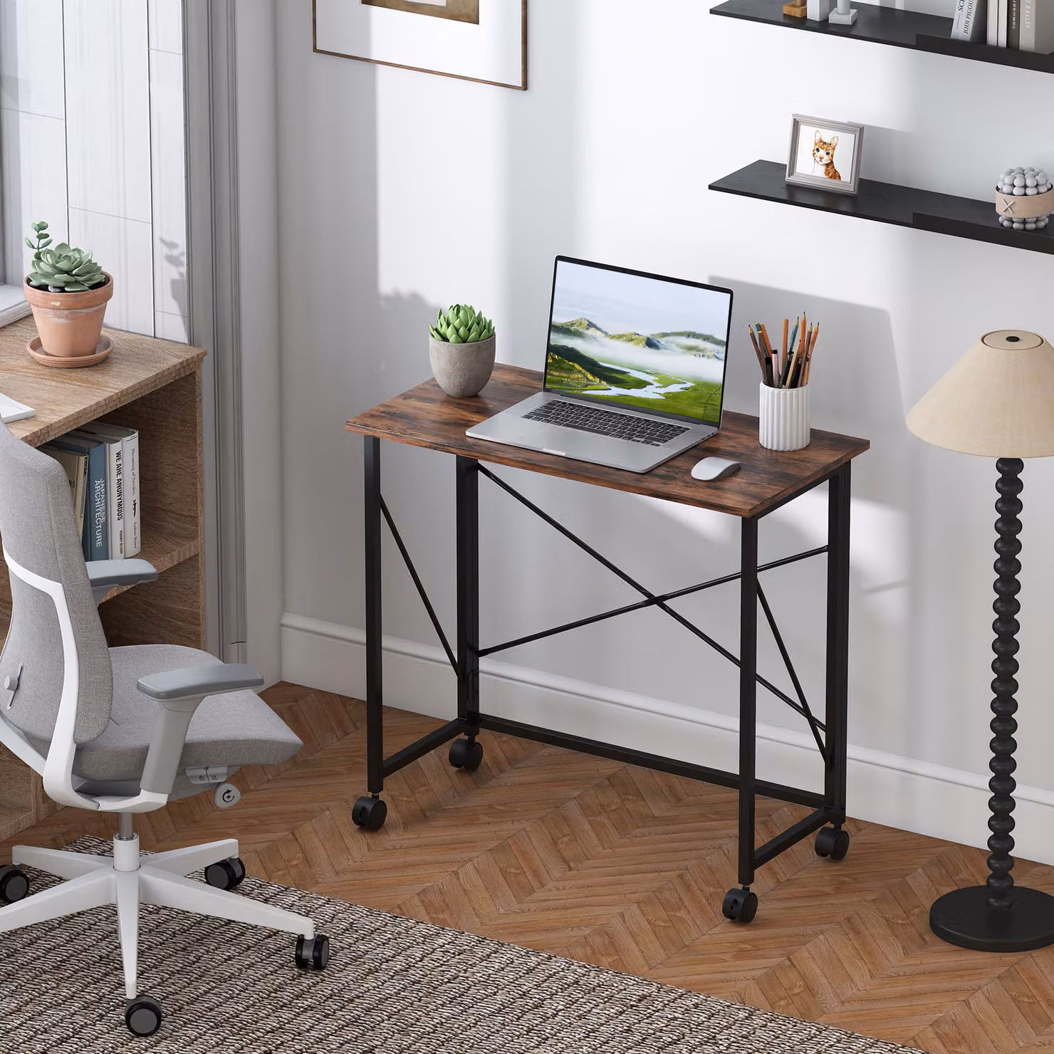 HOMCOM Folding Computer Desk with Castors, Rustic Brown – 2