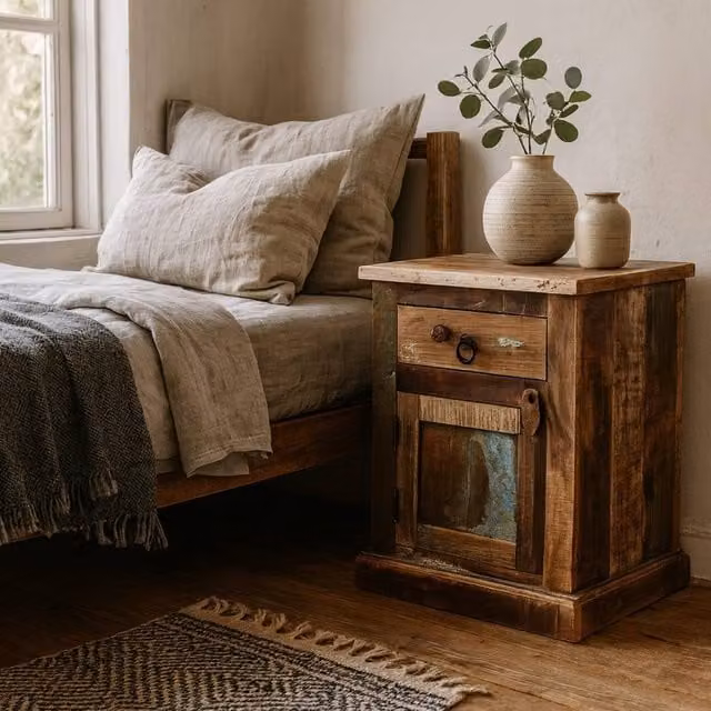 Wyld Haus Seattle Reclaimed Wood Bedside Table with 1 Drawer and 1 Door in Brown, W: 40.0 cm, D: 45.0 cm, H: 60.0 cm – 1