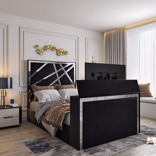 Casani Rayleigh Upholstered Soft Velvet TV Bed Frame in Charcoal Grey, Single, W/D/H: 90 x 190 cm