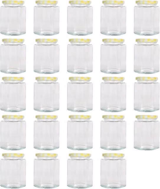 Argon Tableware Hexagonal Glass Jam Jars with Yellow Gingham Checked Metal Screw-Top Lids, 250ml, Pack of 24