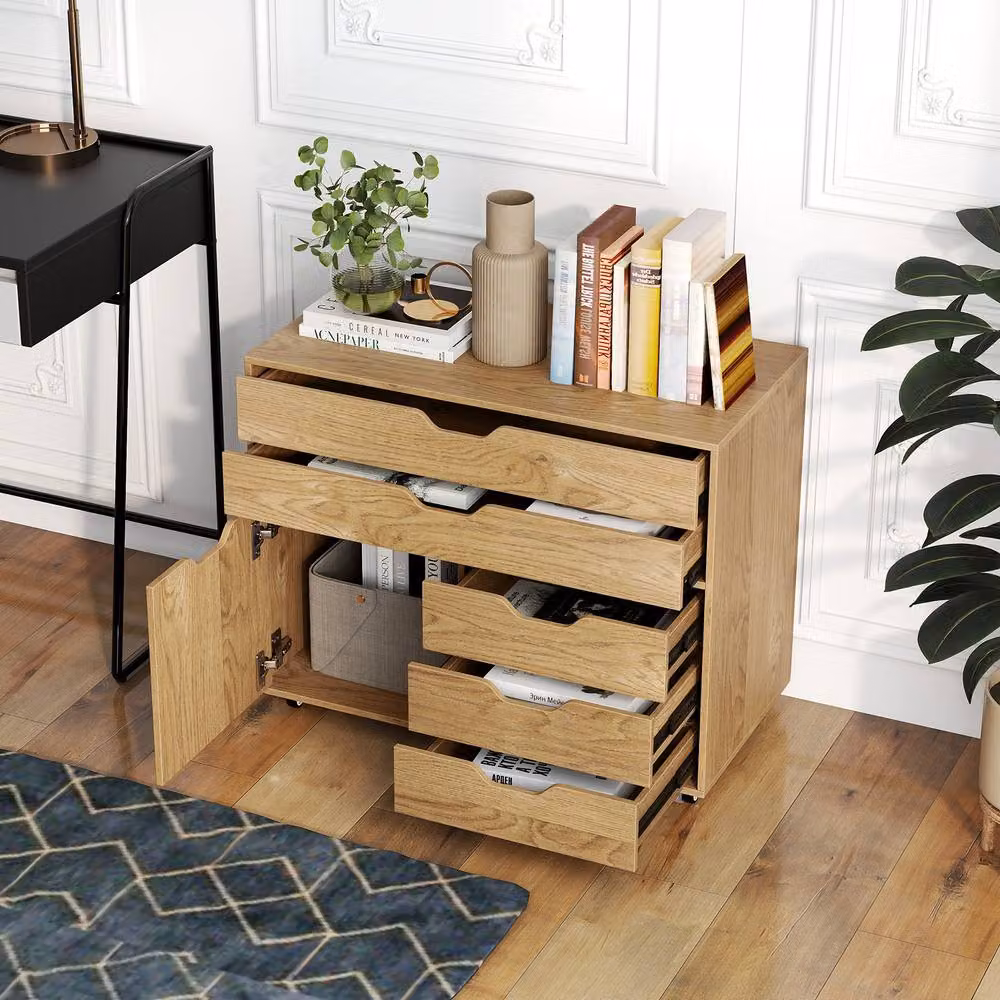 Gymax Mobile Chest of Drawers and Lateral File Cabinet with Printer Stand and Doors in Natural Wood Finish – 5