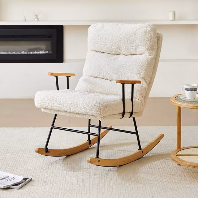 Komore White Bouclé Upholstered Adjustable Rocking Armchair with Armrests