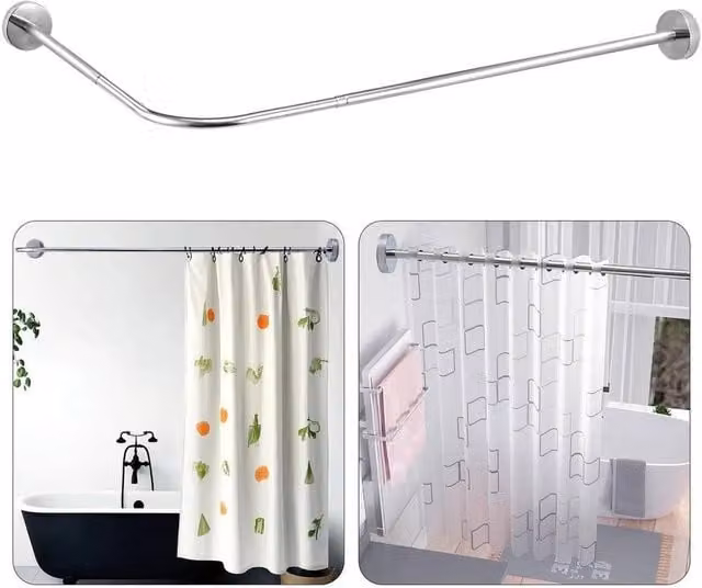 Kelvenix L-Shape Curved Bath Shower Rail in Silver, W: 52 cm, L: 1000 cm – 1