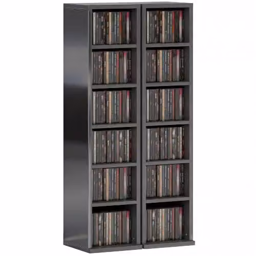 HOMCOM Set of 2 Black Glossy CD and DVD Storage Units with Adjustable Shelves – 1