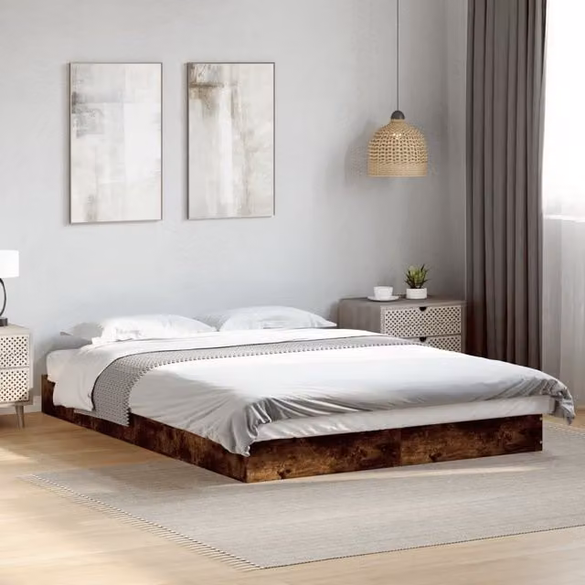 Berkfield Home Smoked Oak Bed Frame in Brown, W/D/H: 140 x 200 cm