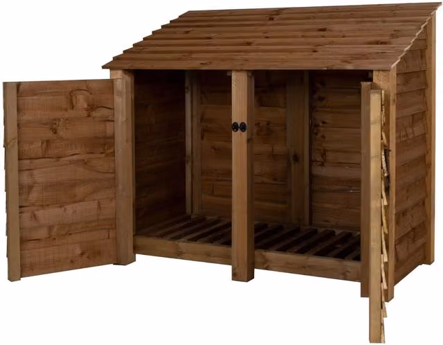 Arbor Garden Solutions Double Bay Wooden Log Store with Door in Brown, W/D/H: 146 x 88 x 126 cm