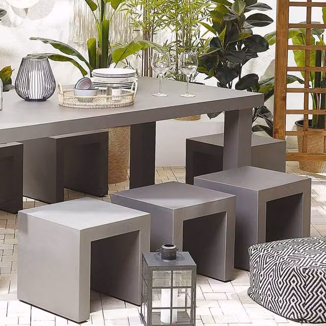 Wyld and Coco Set of 2 Grey Concrete and Metal Industrial Garden Stools