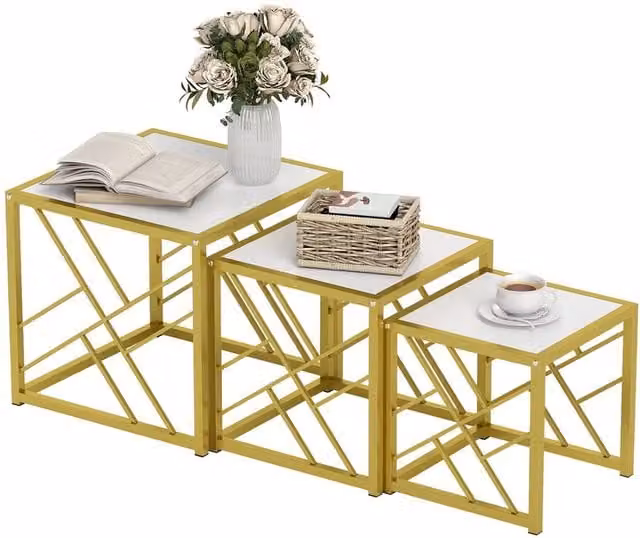 Kelvenix Set of 3 Nesting Coffee Tables in White and Gold with Metal X-Frame Design