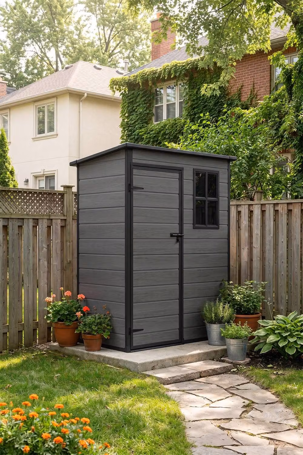 Living and Home Plastic Pent Garden Storage Shed with Lockable Door and Window in Dark Grey, H 183 x W 152.4 x D 92 cm – 2