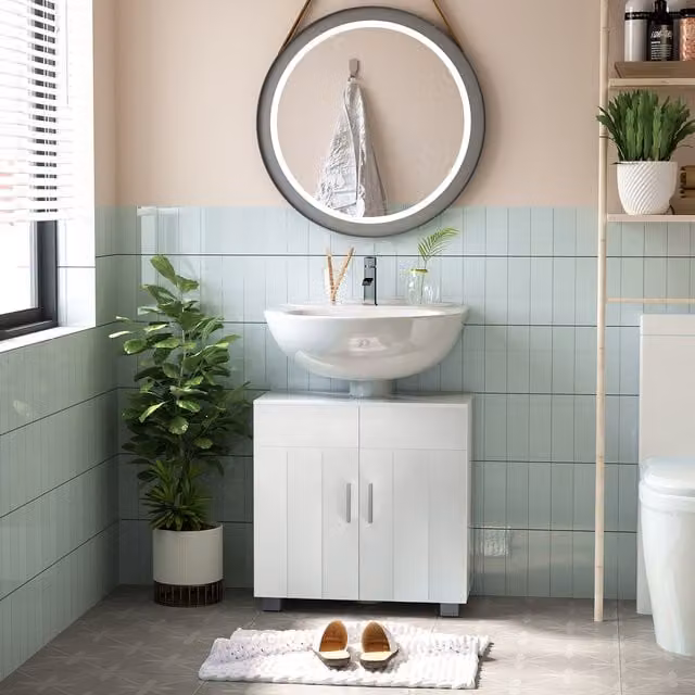 Kleankin Modern White Freestanding Pedestal Under Sink Bathroom Vanity Unit with Internal Shelves and LED Lighting