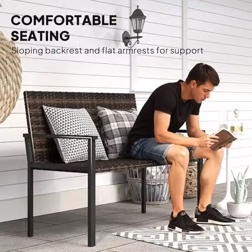 Outsunny 2 Seater Rattan Garden Bench with Quick-Drying Padding in Brown, W: 120 cm, D: 60 cm, H: 85 cm – 6