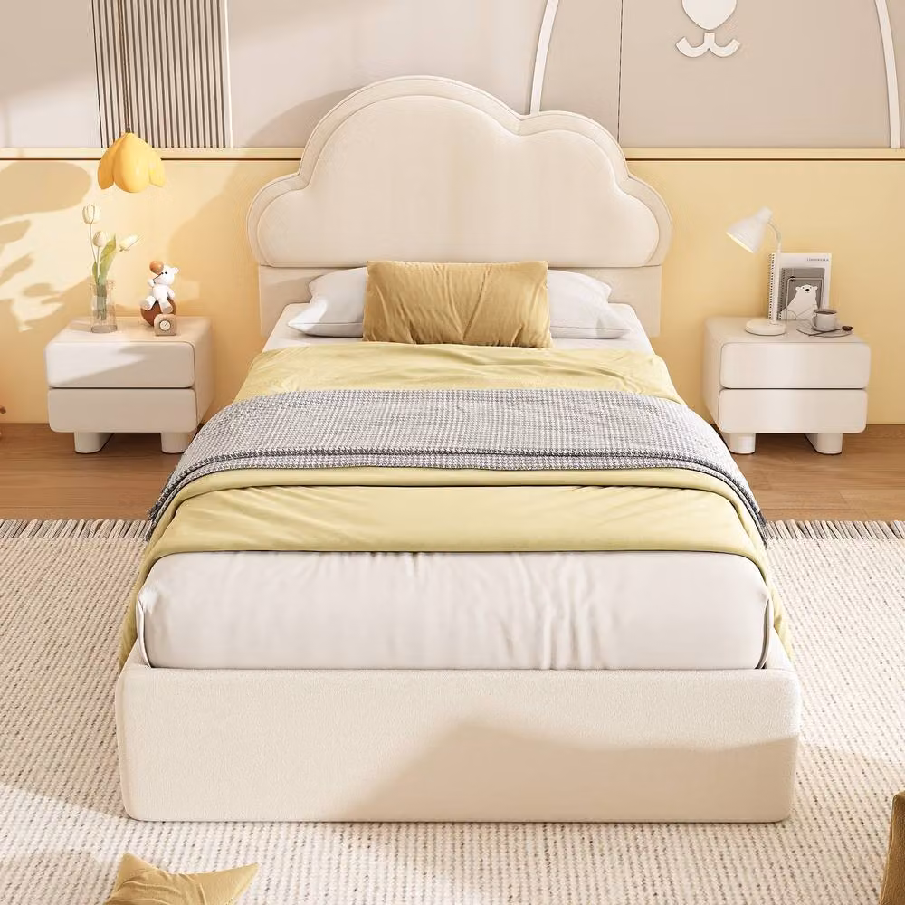 ModernLuxe Velvet Single Ottoman Bed with Hydraulic Storage and Cloud Headboard, Beige, W/D/H: 90 x 190 x 113 cm – 2