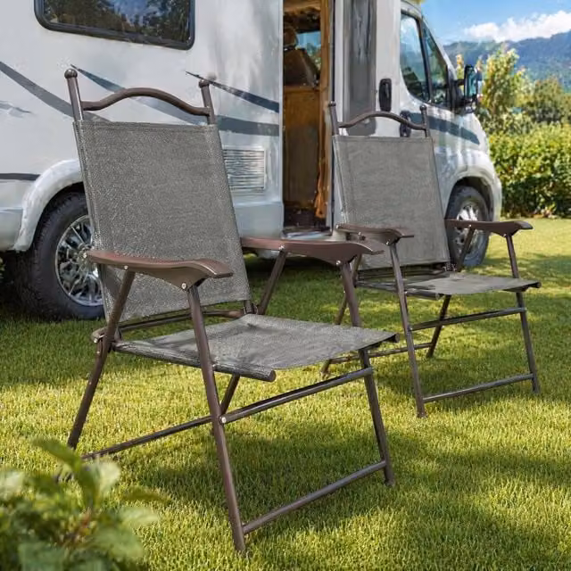 STILVORA Set of 2 Grey Folding Garden Chairs with Steel Frame – 1