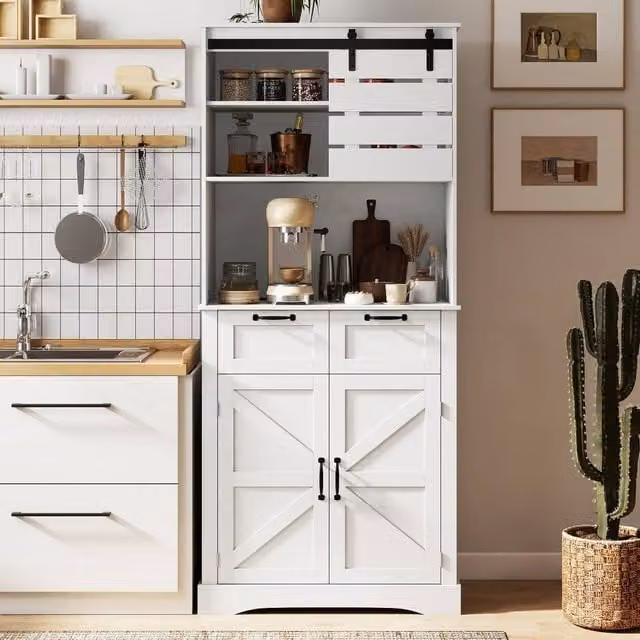 Costway White Tall Kitchen Cupboard Buffet Pantry Sideboard with Power Outlet