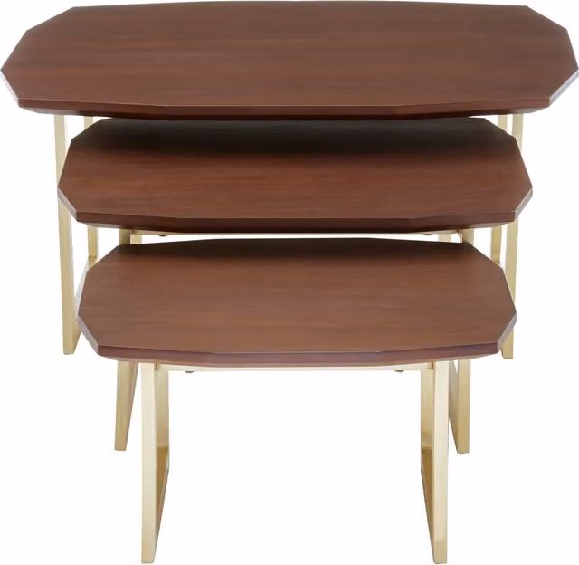 Orsina Set of 3 Round Nesting Side Tables with Walnut Wood Tops and Gold Finish Legs – 1