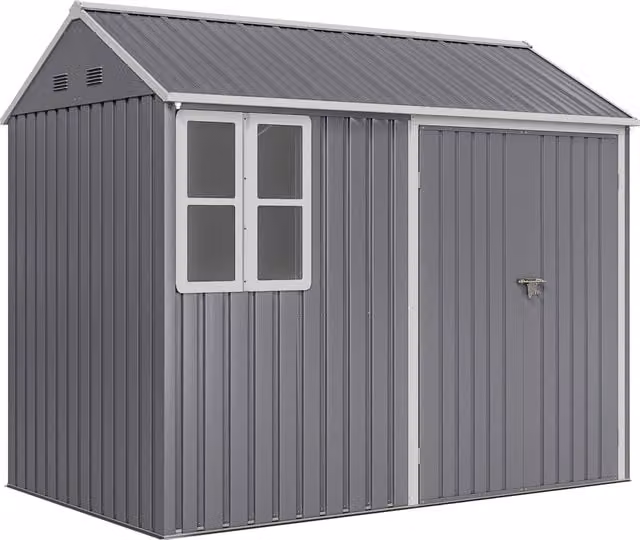 Outsunny Grey Galvanised Steel Garden Shed with Double Doors, Window and Air Vents, W: 243.84 cm, D: 167.0 cm, H: 182.88 cm