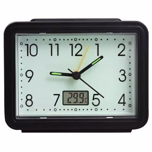 mysmartbuy Set of 2 Black Analogue Alarm Clocks with Temperature Reading and Glow in the Dark Face, H8.5 x W11 x D4.5 cm