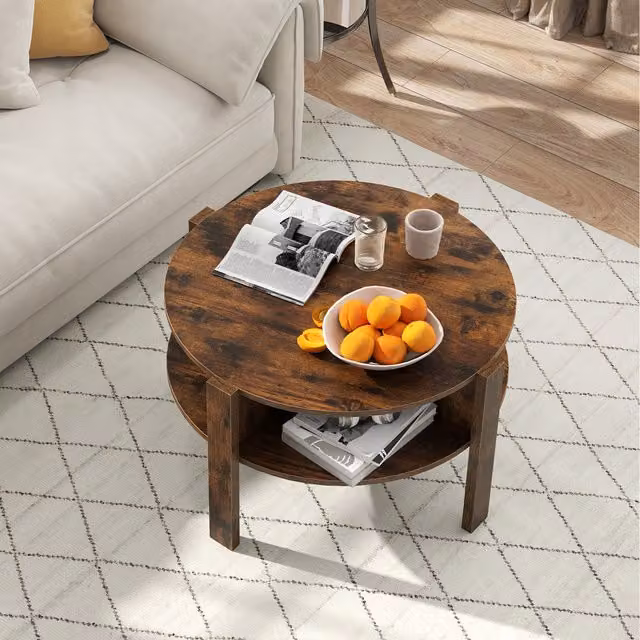 COSTWAY 2-Tier Round Coffee Table in Brown