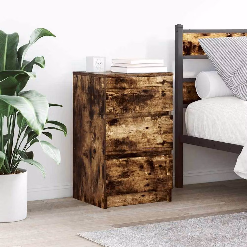 Berkfield Home Set of 2 Durable Bedside Cabinets with 3 Drawers, Smoked Oak, Brown, W/D/H: 39 x 35 x 65 cm – 2