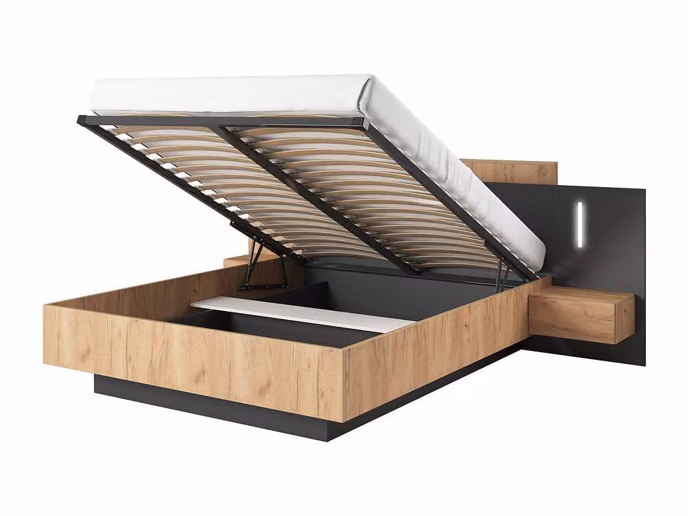 Vente-unique Grey Double Ottoman Bed with Bedside Tables, 2 Drawers and LED Under-bed Lighting, W/D/H: 140 x 190 cm – 2