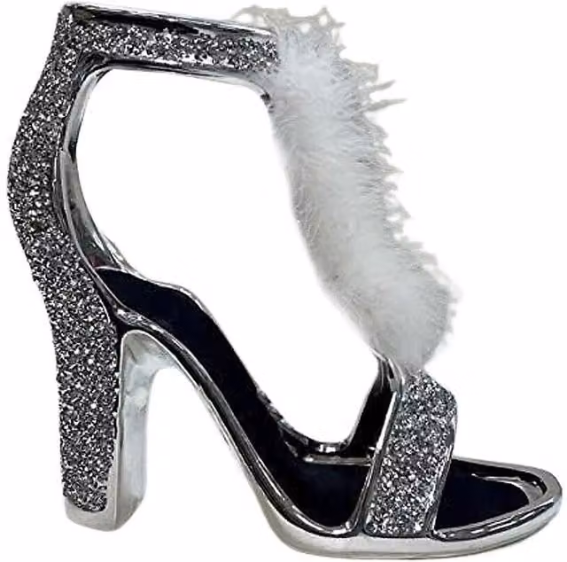 Biznest Silver and White Crushed Diamond Ceramic Feather Shoe Tabletop Ornament