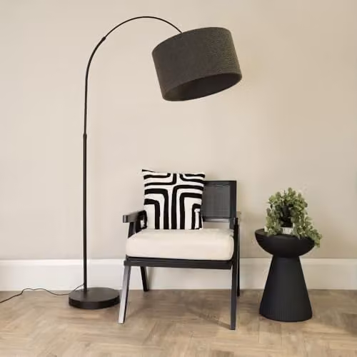 ValueLights Louis Black Metal Arched Floor Lamp with Grey Fabric Shade, H 180 x W 105 x D 45 cm – 2