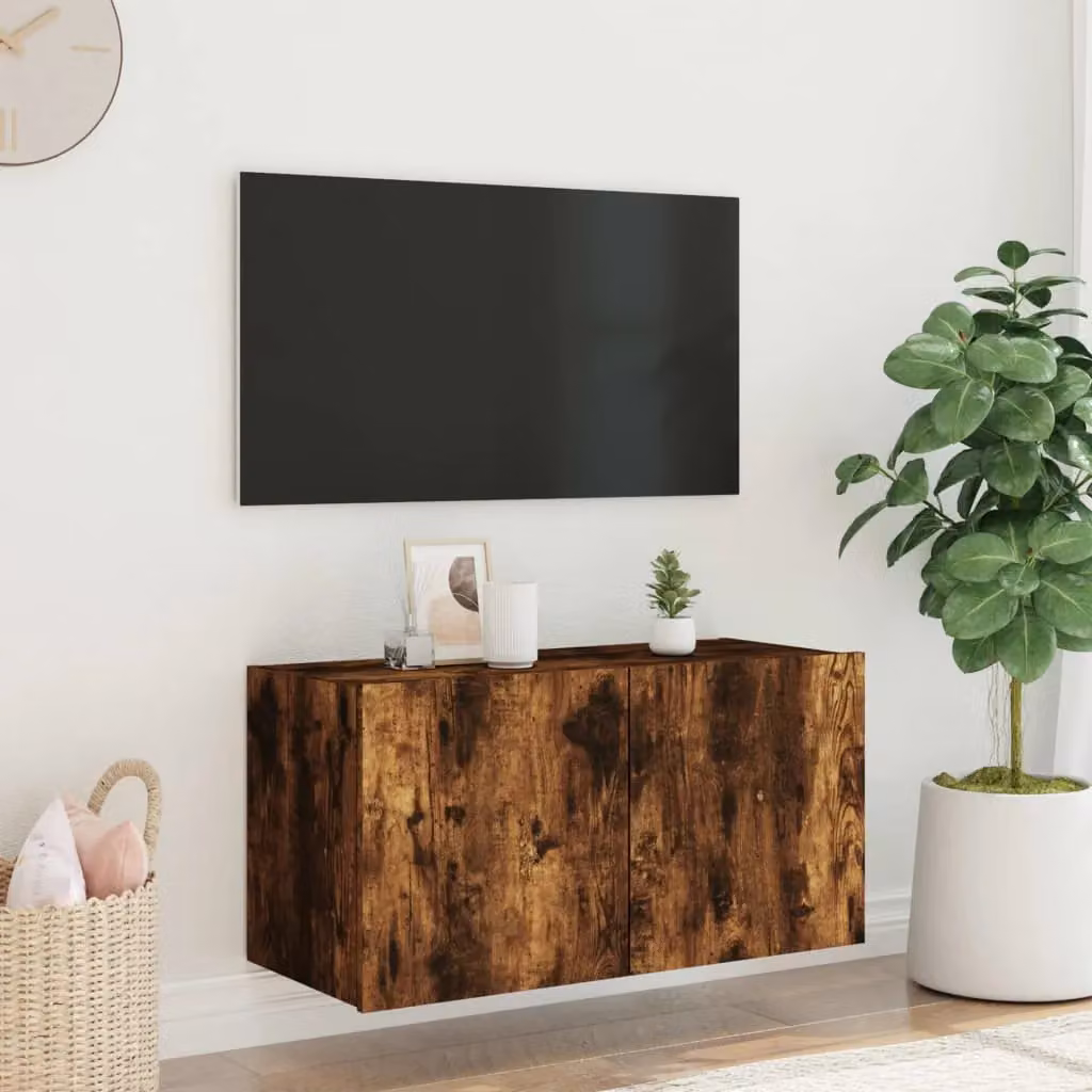 Berkfield Home Modern Wall-Mounted TV Cabinet with Integrated LED Lights in Smoked Oak Brown, W/D/H: 80 x 35 x 41 cm – 5