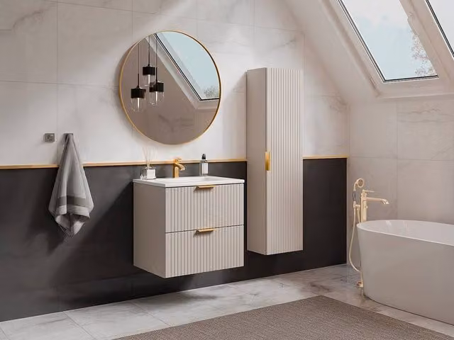 Vente-unique Striped Bathroom Vanity Unit with Inset Basin and Tall Storage Cabinet in Beige