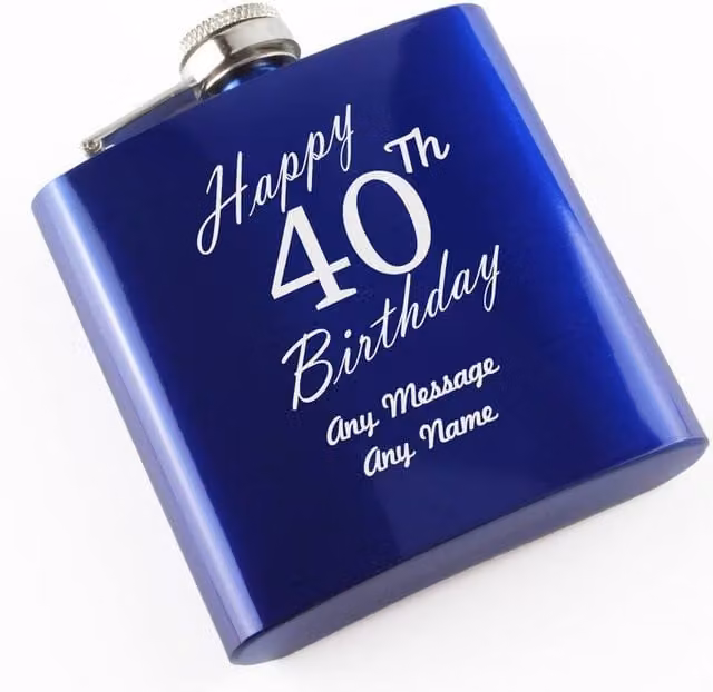 Uniqueful Men's Personalised Happy 40th Birthday Engraved 6oz Blue Stainless Steel Hip Flask