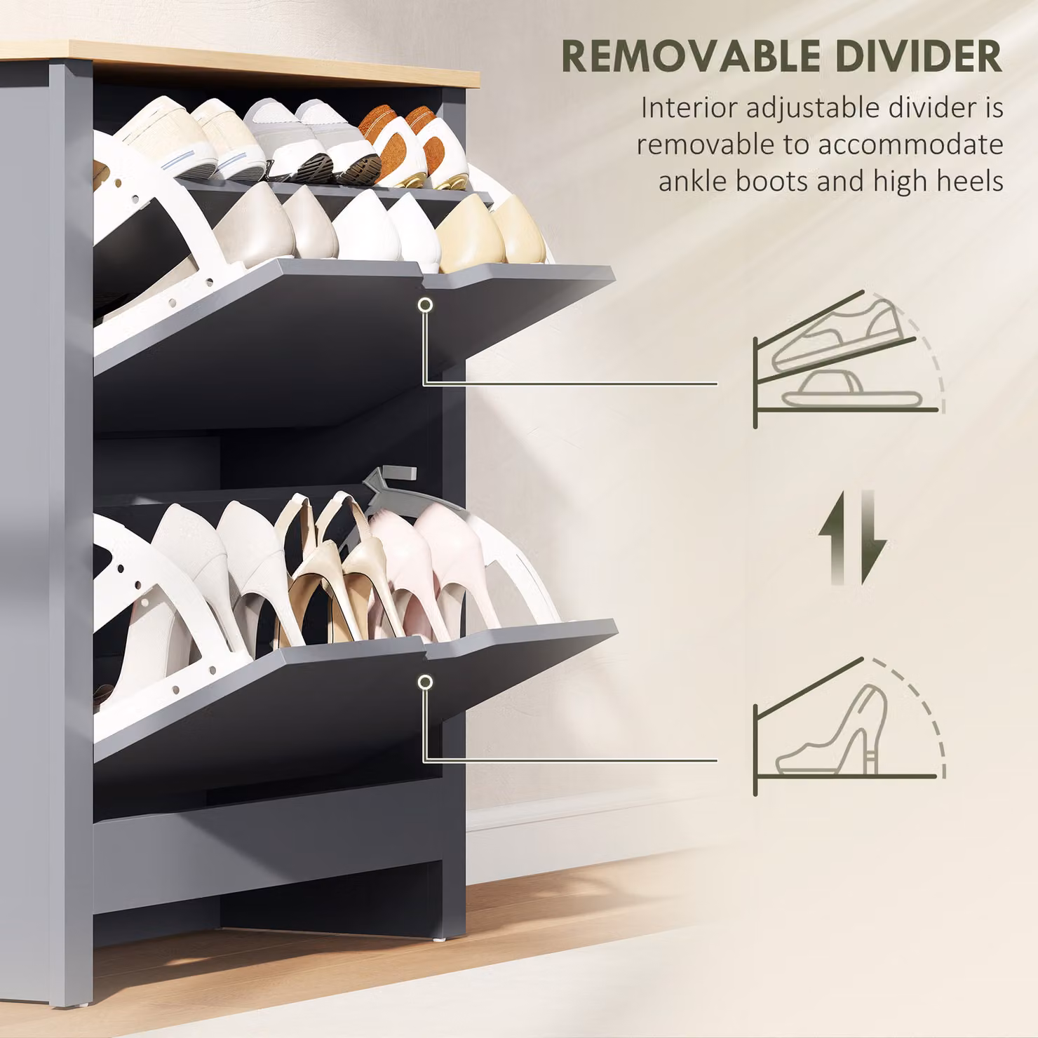 HOMCOM Slim Shoe Cabinet in Grey with 2 Tilting Drawers and Internal Shelves for 12 Pairs of Shoes – 6