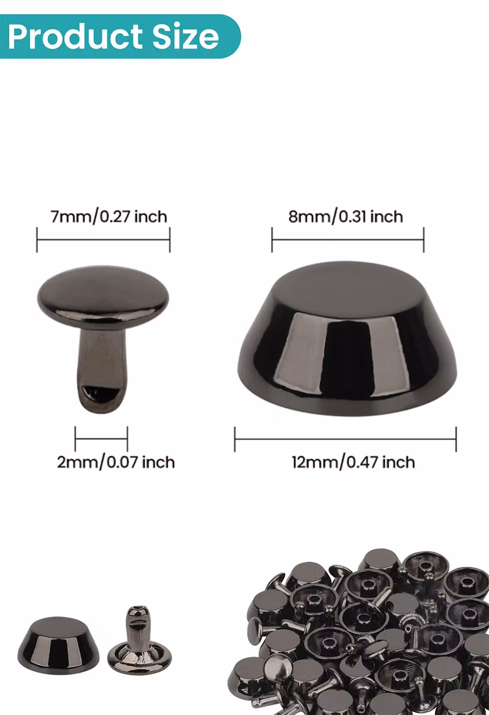 Neel Blue 25-Piece Black Metal Alloy Mushroom Feet Caps with 12mm Diameter and 7mm Back Rivets – 2
