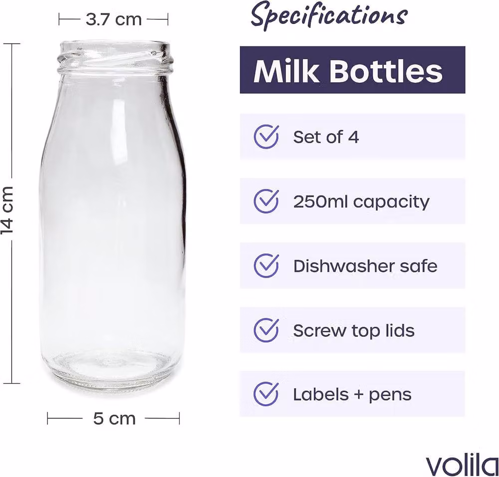 Volila 4 Pack Reusable Glass Milk Bottles with Lids, Labels and Pen, 250 ml, White – 2