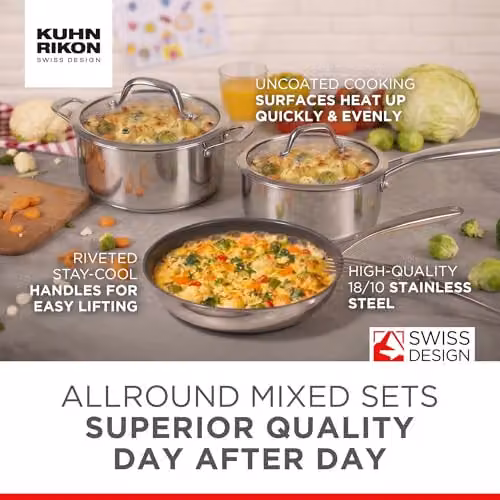 Kuhn Rikon 3-Piece Non-Stick Cookware Set in Silver, including 1.5L Saucepan, 3L Pot and 24cm Frying Pan – 2