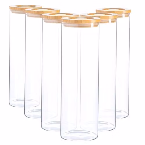 Argon Tableware Scandi Airtight Glass Storage Jars with Wooden Lids, 2 Litre, 6 Pack, Transparent