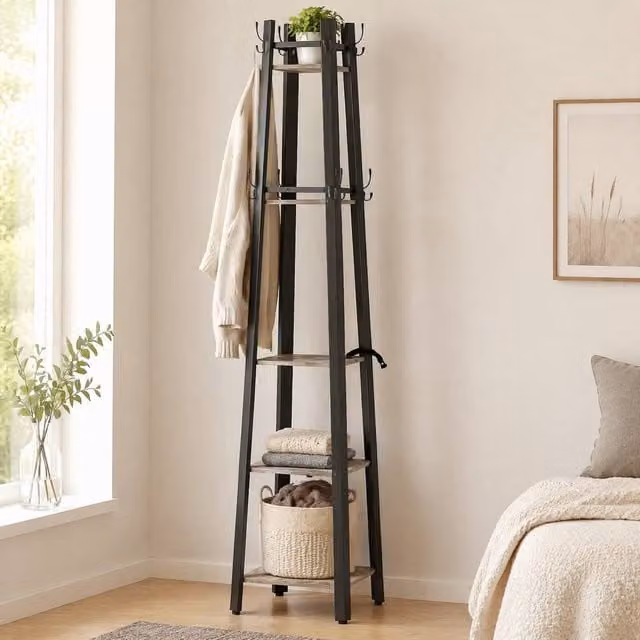 STILVORA Industrial Coat Stand with 8 Hooks and 4 Shelves in Grey and Black