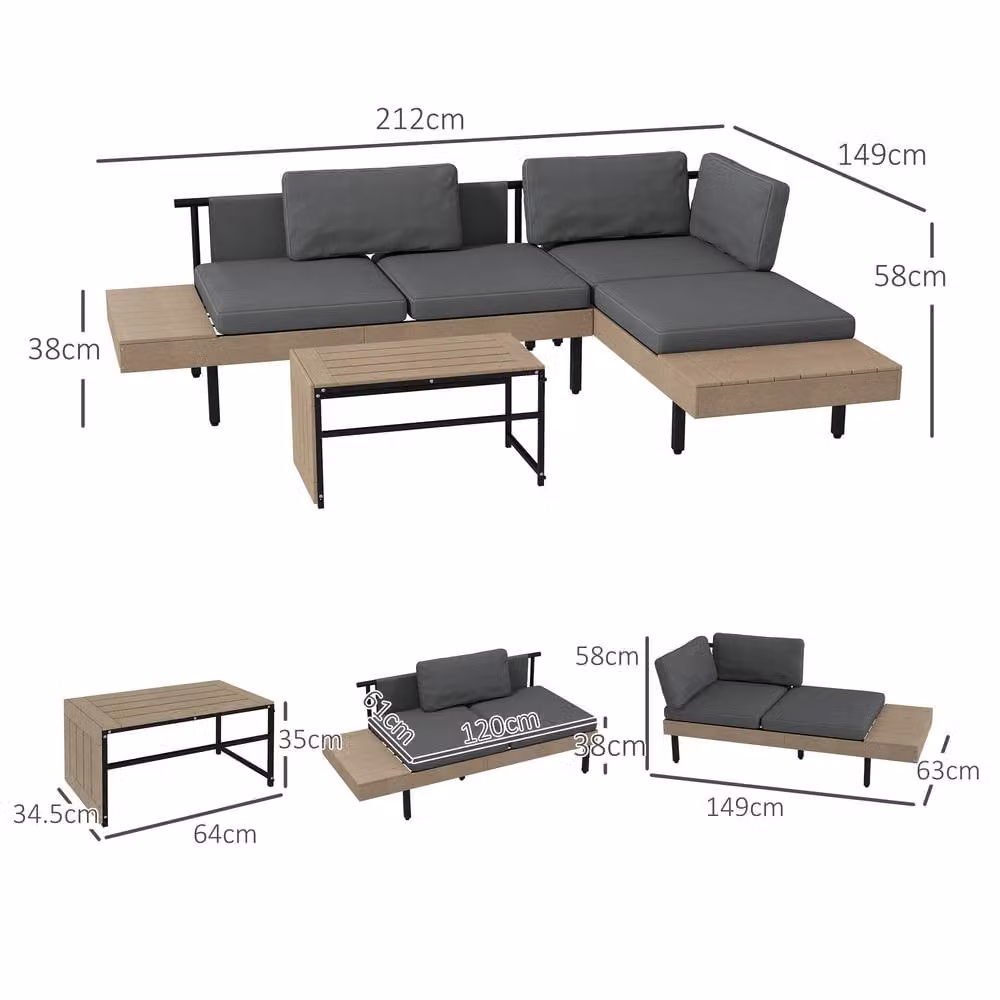 OUTSUNNY 3-Piece L-Shape Garden Sofa Set with HDPE Table and Grey Cushions – 3