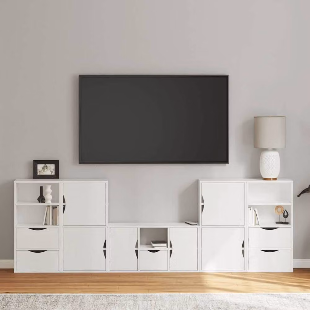 Berkfield Home ODDA 5 Piece White Solid Wood Pine TV Unit with Storage – 2