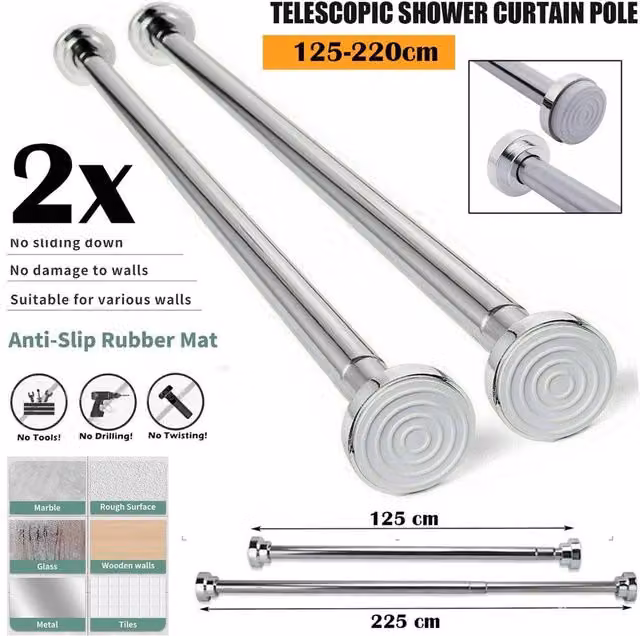 ATEK Stainless Steel Extendable Shower Curtain Tension Pole in Silver, Adjustable from 125 cm to 220 cm – 1