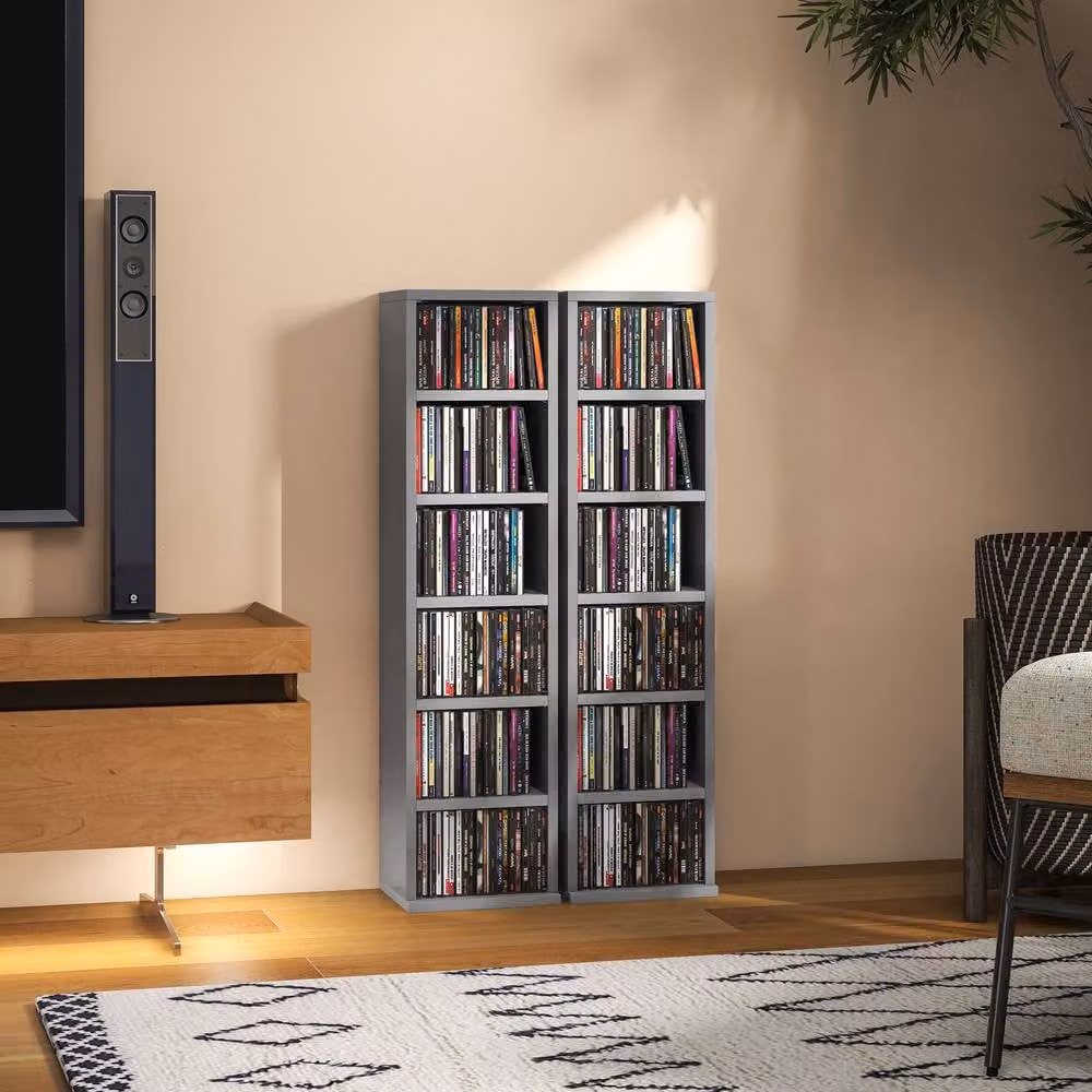 STILVORA Set of 2 Modern Grey CD Storage Units with Adjustable Shelves – 6