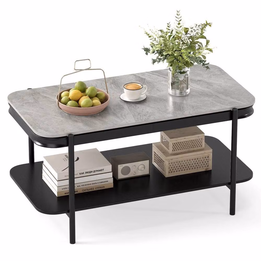 SPETLEK Modern 2-Tier Rectangular Coffee Table with Grey Glossy Sintered Stone Top, W/D/H: 90.0 x 65.0 x 45.5 cm – 2