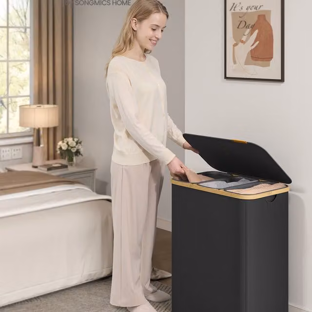 SONGMICS Laundry Hamper with Lid and Removable Bag, Black, W: 38.5 cm, D: 42.1 cm, H: 75 cm