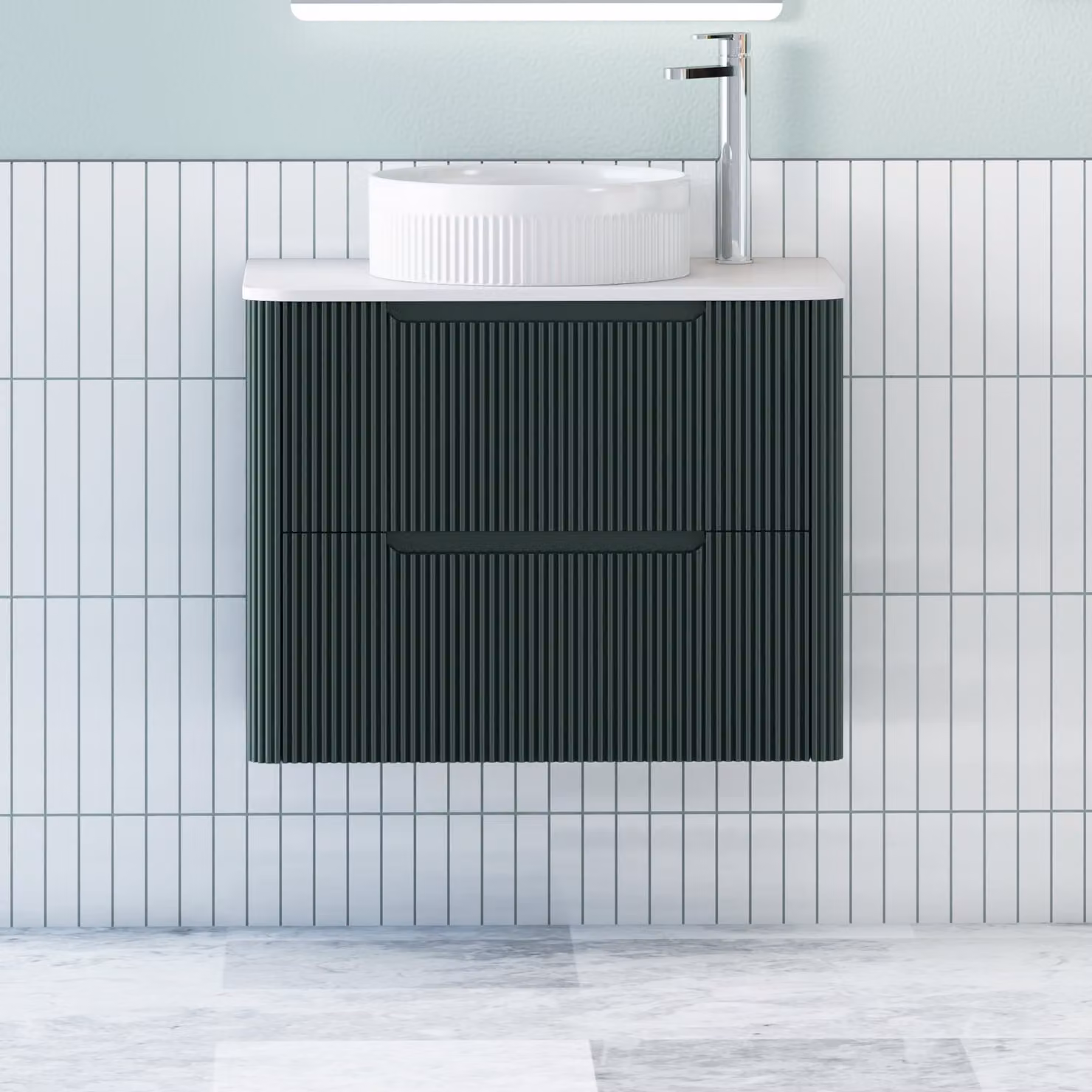 Royal Bathrooms Avenza Wall Hung Vanity Unit in Moss Green with 2 Drawers, Plain White Worktop and Round Basin