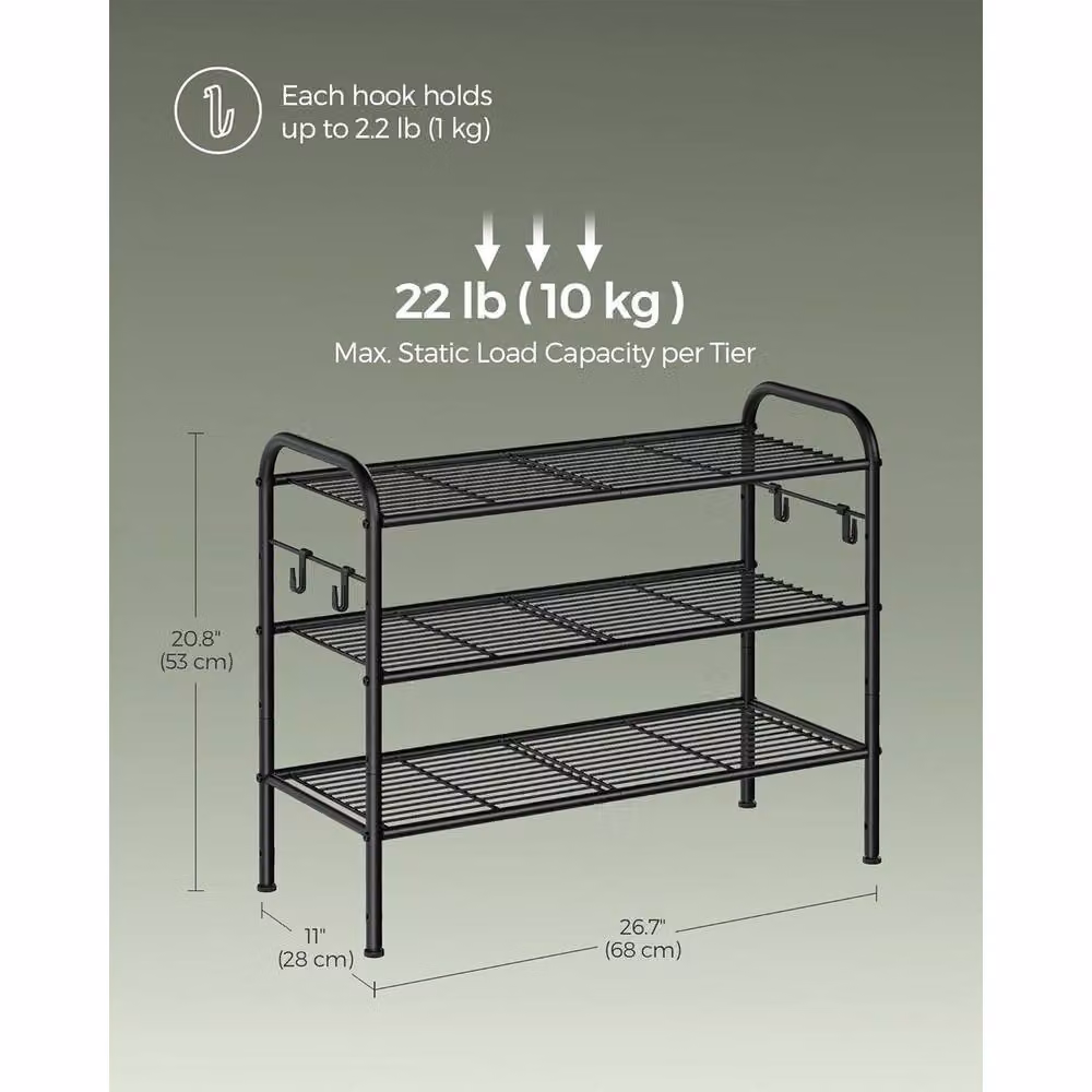 The Bazaarist 3 Tier Adjustable Metal Shoe Rack with Hooks in Matt Black – 3