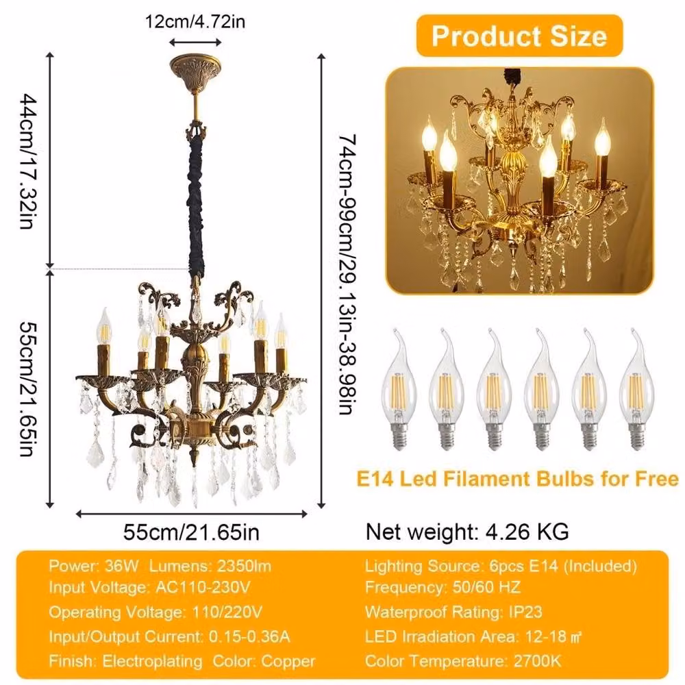 FLAVORA 6-Light Crystal Chandelier Pendant Light in Gold/Brass or Bronze – 2