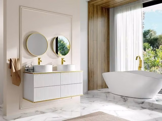 Vente-unique Ribbed White and Gold Suspended Bathroom Vanity with Double Round Ceramic Basins W/D/H: 120 x 47 x 54 cm