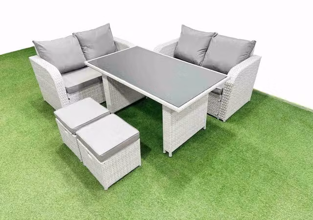 Fimous 5 Piece Outdoor PE Rattan Sofa Set with 2 Small Stools in Light Grey