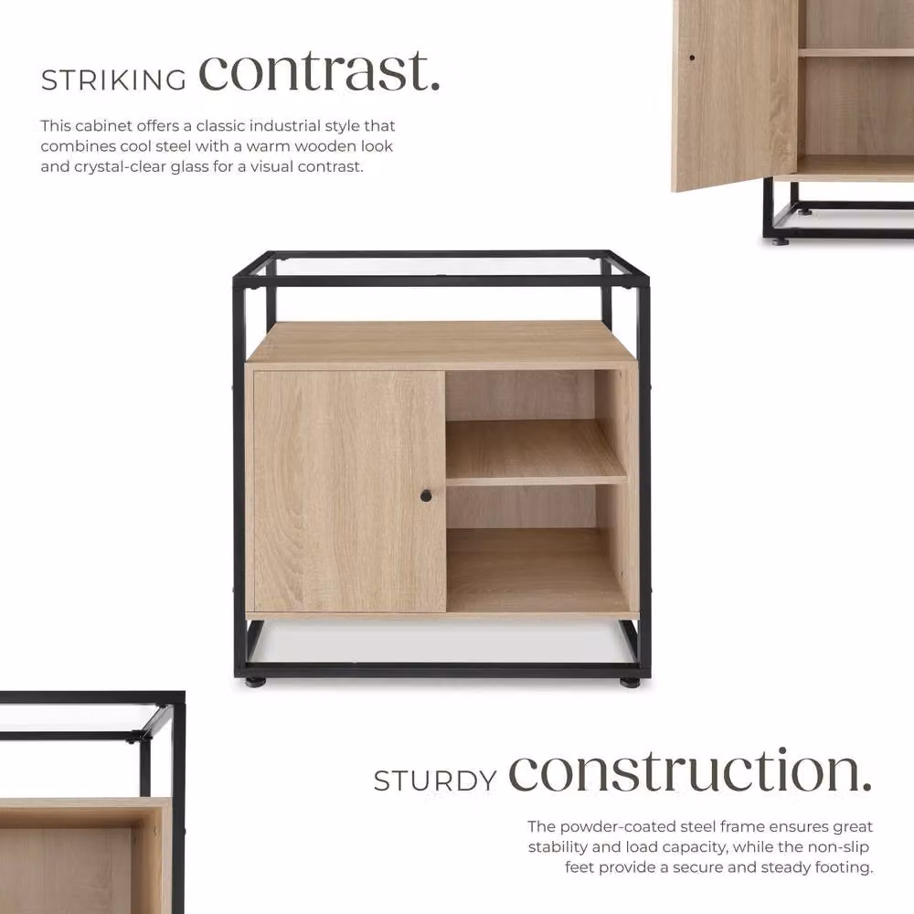 tectake Coventry Sideboard in Light Oak with Glass Tabletop and Open Shelves – 3