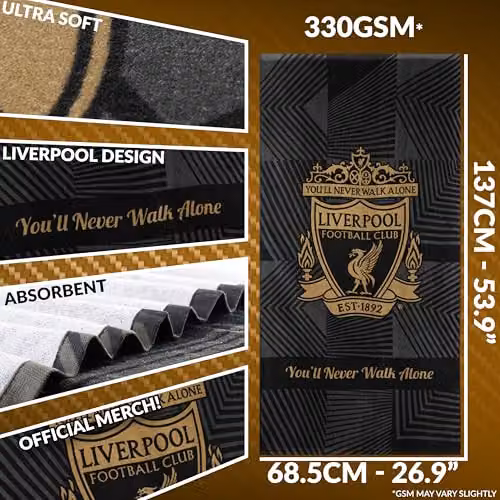 Liverpool F.C. Black Cotton Quick Dry Towel, W: 137 cm, H: 69 cm – 6
