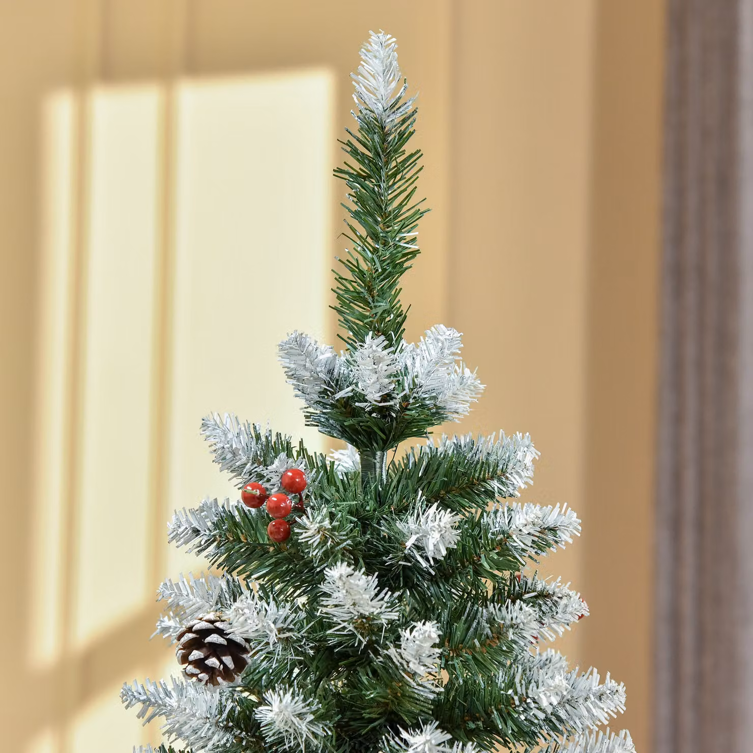 HOMCOM 5ft Green Pencil Christmas Tree with Red Berries and Pinecones – 7