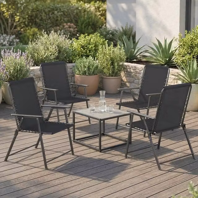 Outsunny Set of 4 Modern Folding Garden Chairs in Matt Black Metal